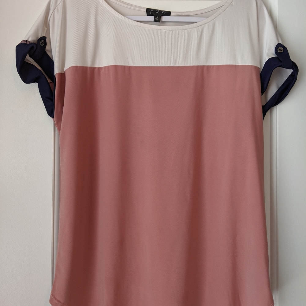 Pink, white and navy block top